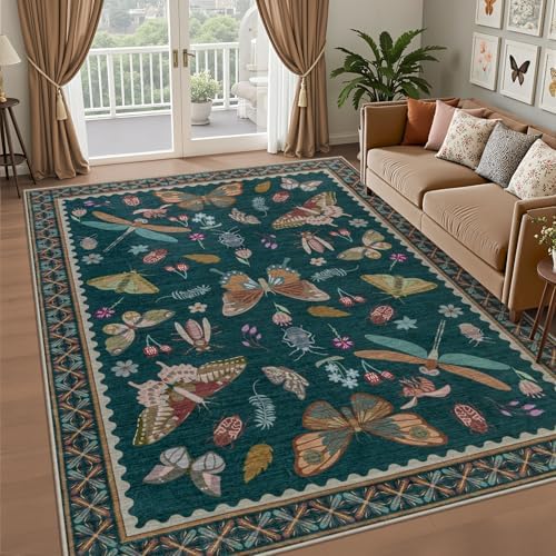 6x9 Area Rug Living Room: Soft Floral Washable Boho Carpet Teal - Image 2