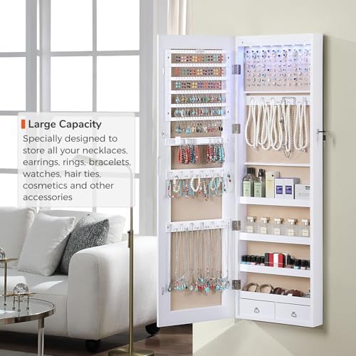 GISSAR Full Length Mirror Jewelry Cabinet, 6 LEDs Jewelry Armoire Wall Mounted Over The Door Hanging, Jewelry Organizer Storage with Lights Lockable, White Surface with Beige Lining, 14.6" x 47.2" - Image 3