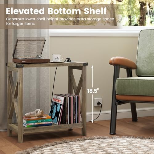 Hadulcet Farmhouse Side Table with Charging Station - Narrow Bedside Table for Small Space, Slim End Table, Rustic X-Design Nightstand for Living Room, Bedroom, Elegant Gray - Image 6
