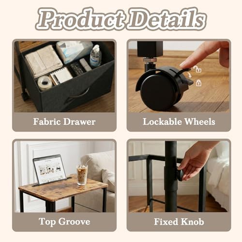 Faesun Swivel Lift Top Nightstand with Charging Station, Rolling Side Table for Recliner, Bedside Table with Wheels & a Fabric Drawer, for Small Spaces, for Bedroom, Living Room, Brown Black - Image 5