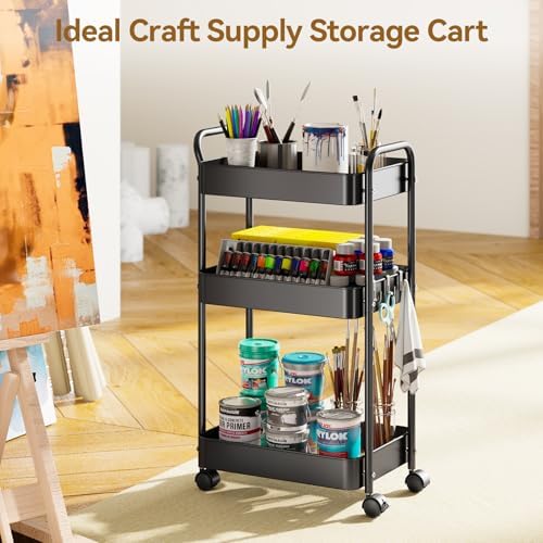 YASONIC 3-Tier Metal Rolling Cart Utility Carts with Wheels Black - Image 6