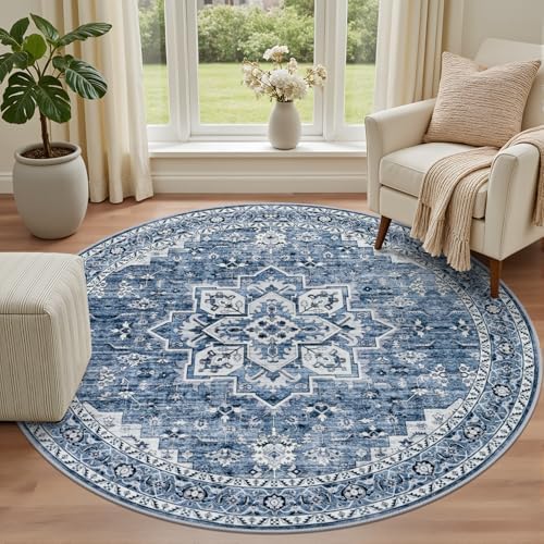 Round Area Rug for Living Room: 8ft Washable Rug for Bedroom Blue - Image 2