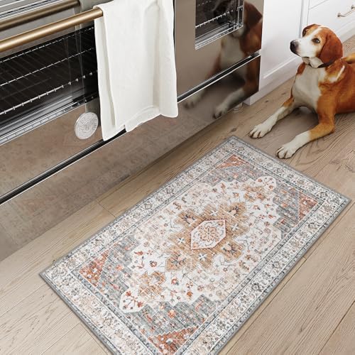 Moynesa Ultra-Thin Washable Entryway Rug 2x3 Rug, Small Kitchen Rugs for Entryway Indoor Non Slip, Vintage Throw Mat for Front Door Entrance Bathroom Laundry Room, Beige/Gold - Image 3