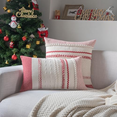 Cethom Christmas Pillow Covers 12x20 Inch Set of 2, Red Textured Boho Christmas Decoration Couch Pillow Cases for Farmhouse Home Decor, Accent Cushion Cover for Sofa, Bed, Living Room, Bedroom - Image 2