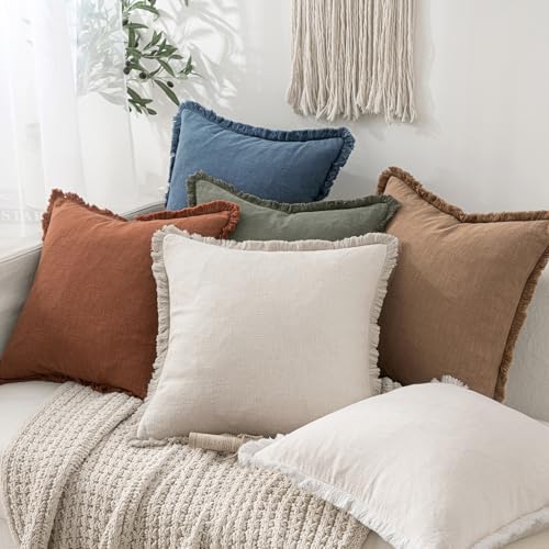 MIULEE Boho Linen Fringe Decorative Throw Pillow Covers Blue Ashes 16x16 - Image 5