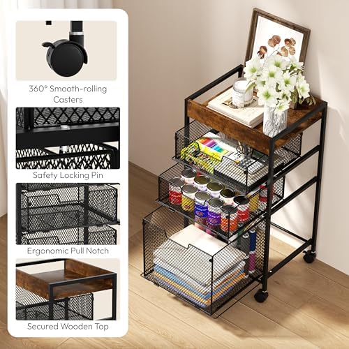 SWTYMIKI Rolling File Cart with Drawers - 4 Tier Under Desk Storage Craft Rolling Organizer Cart - Office Storage &Organization, Mobile Metal Filing Cabinet for Office and Home Espresso - Image 5