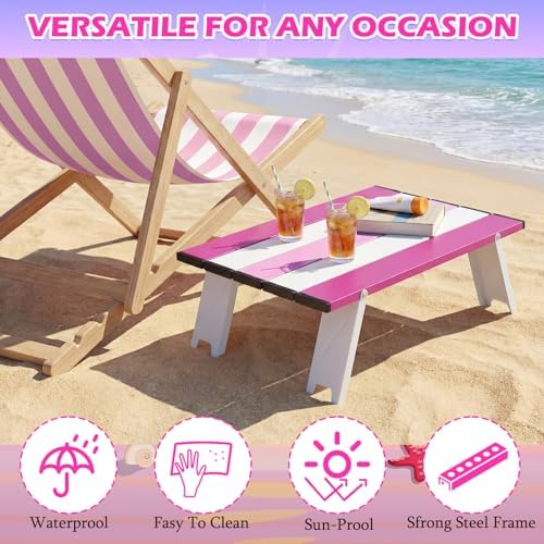 CroBlissful Beach Table Folding Camping Portable Table Striped White Aluminum Side with Carry Bag for Summer Camping Picnics and Outdoor Activities(16x11x5 in,Pink) - Image 5