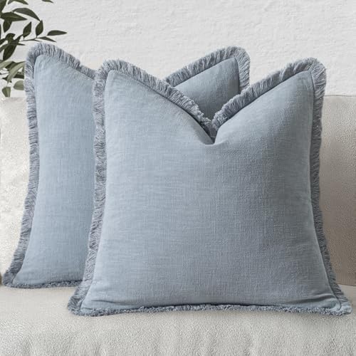 MIULEE Linen Fringe Decorative Euro Throw Pillow Covers Light Blue 26x26 by MIULEE