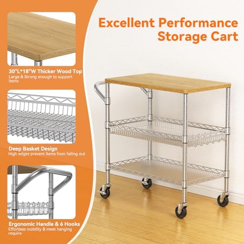 3 Tier Rolling Kitchen Carts on Wheels with Storage,650Lbs Heavy Duty Utility Carts with Wheels,Kitchen Island with Wood Tabletop,Metal Serving Rolling Cart for Small Appliance Food Cart,Wood+Metal - Image 5