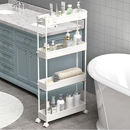 SPACELEAD Slim Storage Cart 4 Tier,Bathroom Organizer Rolling Utility, Mobile Shelving Unit Slide Out for Office, Kitchen, Laundry Room & Narrow Places,White by Home