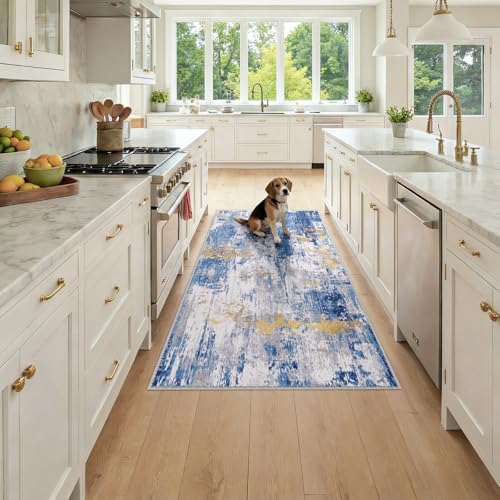 RELEANY Washable Runner 3'x6' Abstract Area Rug for Hallway Blue Gold by RELEANY