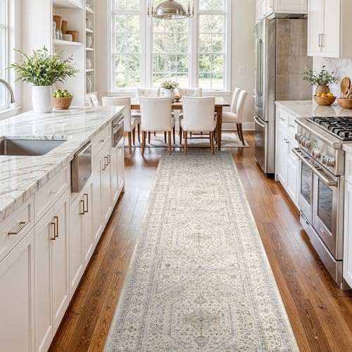 3x14 Washable Hallway Runner Rug - Non-Slip Vintage Kitchen Rugs Beige Gray by Puino
