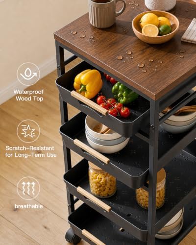 Pipishell Rolling Storage Cart with Drawers & Lockable Wheels, Black - Image 4