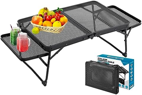 Small Low Camping Table with 2 Wing Panels, Folding Low Picnic & Outdoor Table with 2 Shelves, Lightweight & Easy Carry for Beach, Fishing, Sturdy Steel Mesh Top (3 FT, Black) by SKIKEN