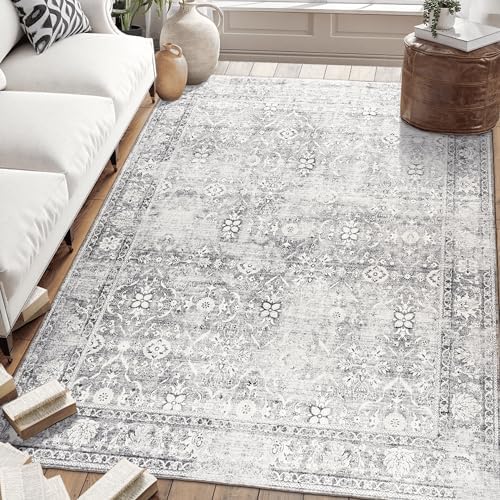 ReaLife Rugs Machine Washable Area Rug - Living Room Bedroom Bathroom Kitchen Entryway Office - Padded Low Pile Stain Resistant Premium - Boho Farmhouse Vintage - Noor - Silver Ivory 4' x 6' by ReaLifeRugs