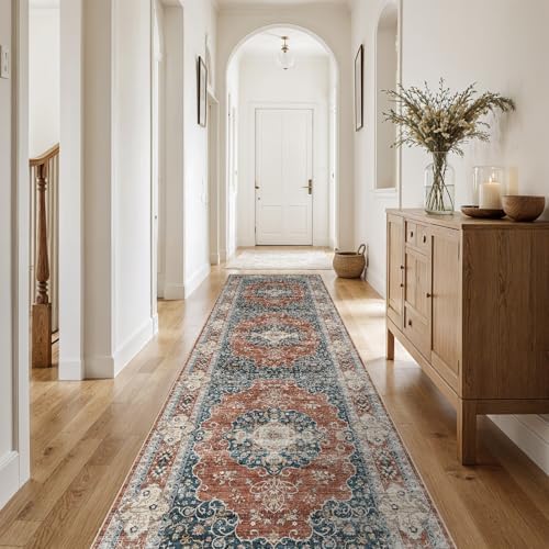 Ksrau 3x10 Runner Rug Washable Vintage: Non Slip Hallway Runners Brick/Blue - Image 2
