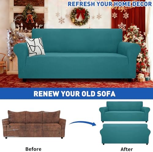 MAXIJIN Super Stretch Couch Cover for 3 Cushion Couch, 1-Piece Universal Sofa Covers Living Room Jacquard Spandex Furniture Protector Dogs Pet Friendly Fitted (Extra Large, Peacock Teal) - Image 2