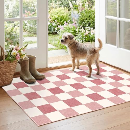Pink White Checkered Rug, 28"x43" Doormat Indoor Outdoor Entrance by Othilic
