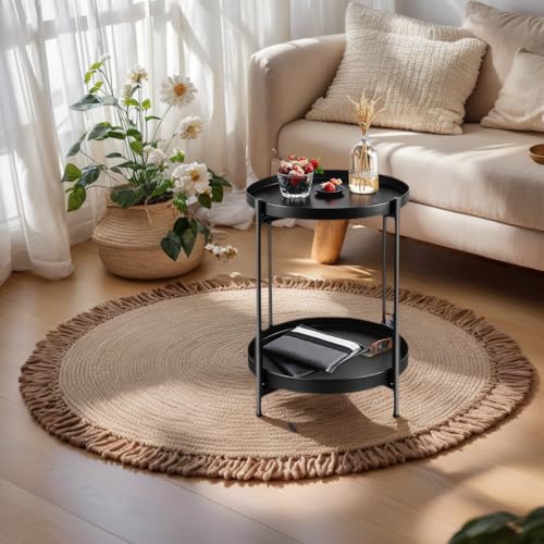 Foldable 2-Tier Round Side Table, Metal End Table with Storage for Indoor Outdoor Use, Small Coffee Table for Living Room, Bedroom, Patio, Black​ - Image 2