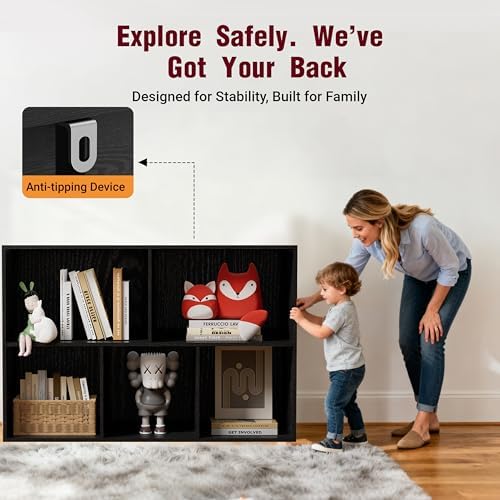 Book Shelf, Wooden Cube Storage Organizer with 11" Open Cubes, Stackable Modular Bookcase for Room Divider Storage, 2 Tier Bookshelf for Living Room, Bedroom, Office (Black, 5-Cube) - Image 4