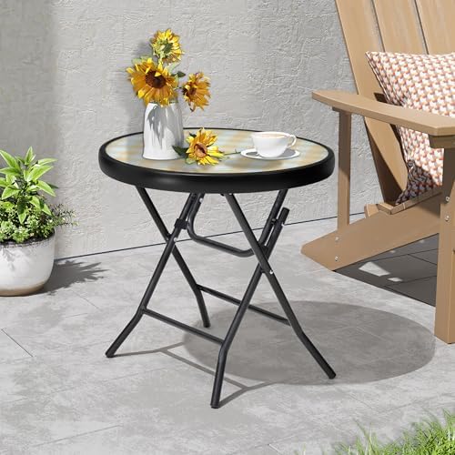Foldable Side Table with Tempered Glass Top, Yellow by PATIOHIT