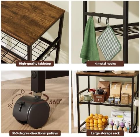 itchen Rolling Cart, 3-Tier Microwave Stand with Lockable Wheels, One-Piece Shelf, Kitchen Utility Storage Cart for Coffee Bar,Apartment, Dorm, Laundry Room, Office, 23.6" x 15.7" x 27.6", Brown - Image 5