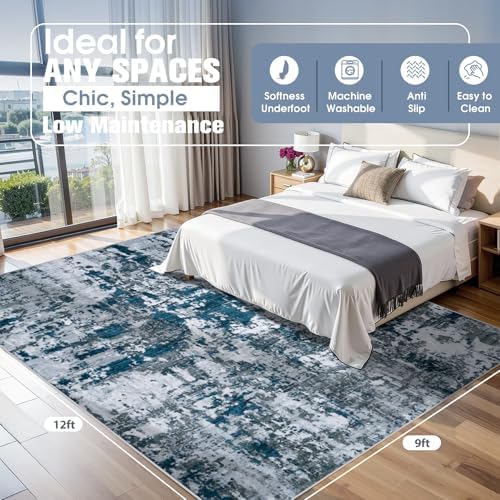 9x12 Area Rugs for Living Room Washable Bedroom Dining Room Navy Grey - Image 2