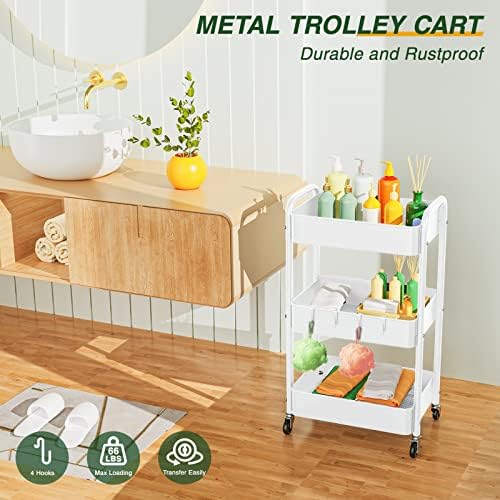 LEHOM 3 Tier Rolling Cart, Metal Rolling Utility Cart with Lockable Wheels - Image 2