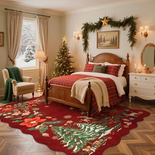 Lahome Floral Christmas Rugs for Living Room, 5x7 Christmas Area Rug for Bedroom Large Washable Carpet, Soft Stain Resistance Xmas Tree Carpets for Under Table Dining Room, Red - Image 3