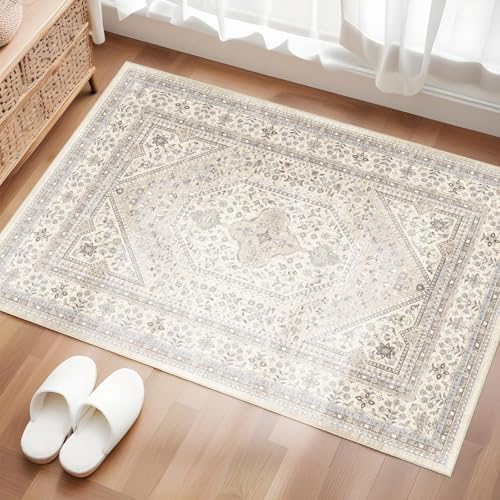 2x3 Washable Entryway Area Rug - Non-Slip Boho Throw Rugs Beige Gray by Puino