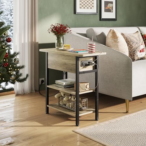 WLIVE 3-Tier End Table with Charging Station Flip Top Narrow Nightstand - Image 4