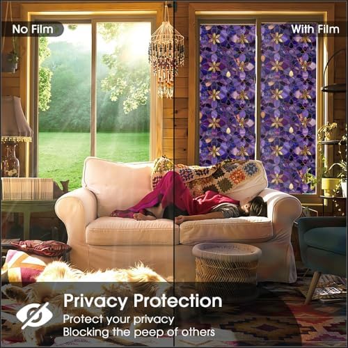 Purple Golden Yellow Flower Vintage Stained Glass Window Films Decorative Double-Side Privacy Film Self-Adhesive Static Glass Clings for Living Room Bathroom Decor - Image 4