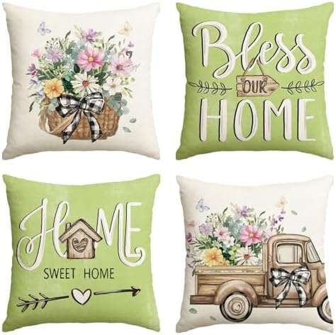AVOIN colorlife Bless Our Home Eucalyptus Leaves Throw Pillow Covers, 18 x 18 Inch Spring Truck Cushion Case for Home Sofa Couch Set of 4 by AVOINcolorlife