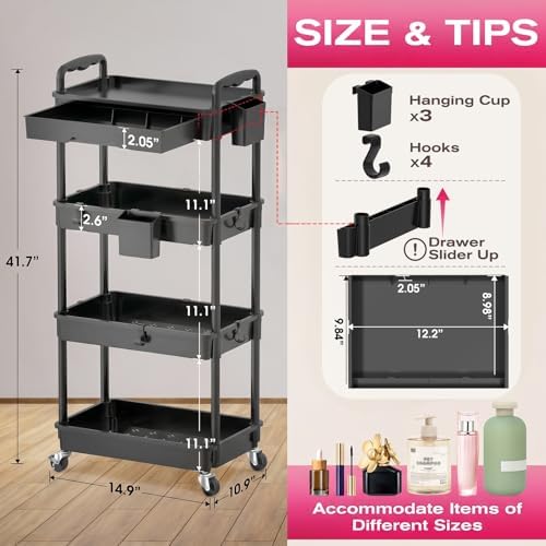 Goovilla Rolling Makeup Organizer Cart with Removable Drawer, 4 Tier Black - Image 2