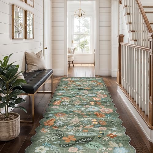 Washable 2x8 Hallway Runner Rug: Water-Resistant Kitchen Rug Soft Bedroom Carpet Non-Slip Indoor Hardwood Floor Mat for Entryway Bathroom Dining Room Boho Decorative Home Decor(2x8, Floral/Green) - Image 6
