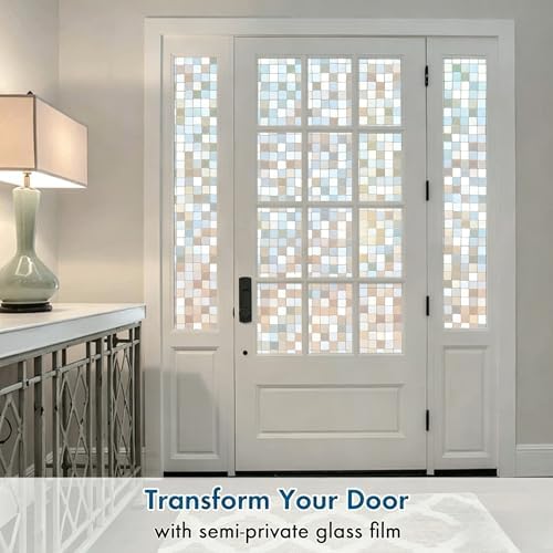 Window Privacy Film, Mosaic Rainbow Decorative Static Cling Glass Sticker No Glue Removable Window Tint with Installation Tools, Anti-UV Front Door Glass Covering for Home, 23.6" x 78.7" - Image 2