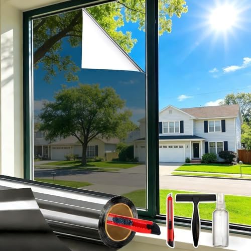 One Way Window Privacy Film See Out Not in, Window Tint for Home, Reflective Mirror Glass Windows Coverings Sun Heat UV Blocking, Silver, 17.5 Inch x 78.74 Inch by Dwersty