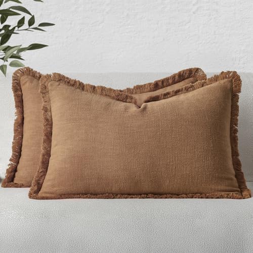 MIULEE Linen Fringe Decorative Fall Lumbar Throw Pillow Covers Brown 12x20 by MIULEE