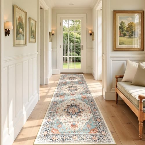 RELEANY Washable Area Rug, Runner 2'x7', Beige/Blue/Orange - Image 2