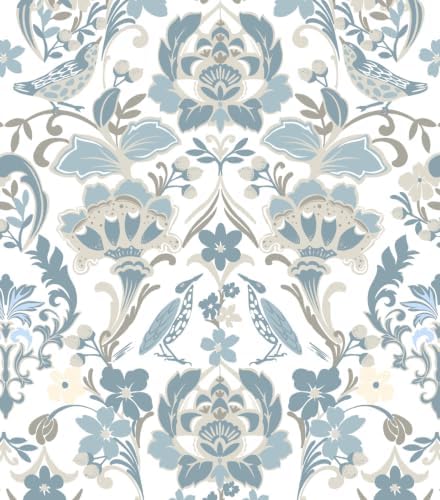 Vintage Peel and Stick Wallpaper, Light Blue Beige Traditional Damask Floral Removable Wallpaper for Bedroom Closet Accent Wall, Farmhouse Cottage Home Decor (Soft Blue, 17.3"x236.22") by HomKihapaiWallpaper