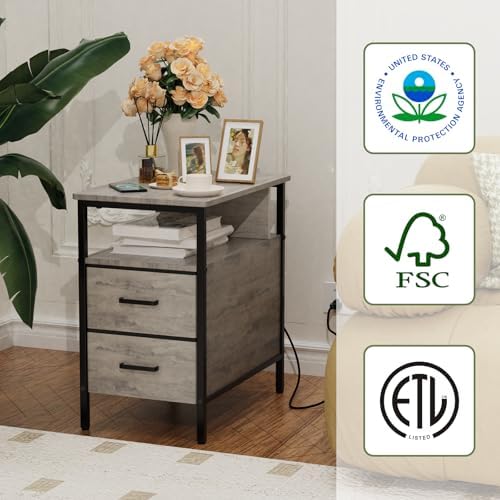 End Table with Charging Station and 2 Fabric Drawers, Greige - Image 7
