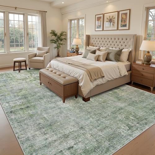 Soalmost Abstract 7x10 Area Rug for Living Room Washable Rugs Green/Ivory - Image 3