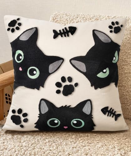 Embroidered Throw Pillow Cover 18x18 Inch, Cat Bone by Kokaaee