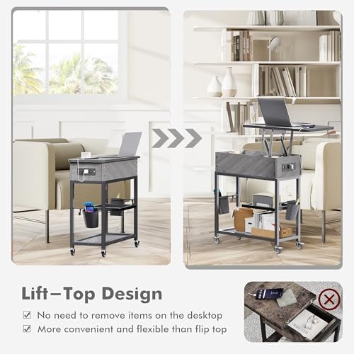 Colima Lift Top End Table with Charging Station and Wheels, Gray - Image 6