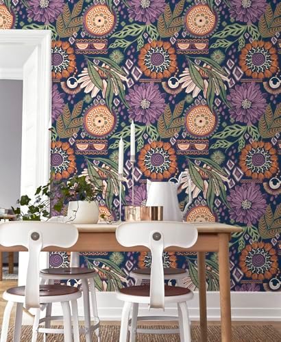 HAOKHOME Renter Friendly Peel and Stick Wallpaper Purple 17.3in x 32.8ft | Removable Self Adhesive Vinyl Navy Terracotta Boho Retro Floral Moody Textured Wall Paper for Bedroom Bathroom Accent Decor - Image 6