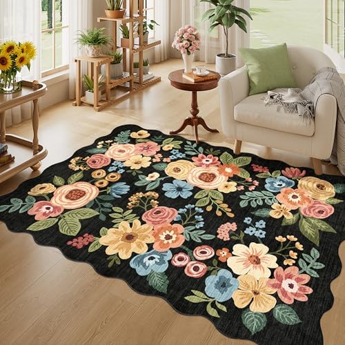 DUKINO 4x6 Area Rug, Non Slip Floral Washable Rug for Living Room, Black by DUKINO