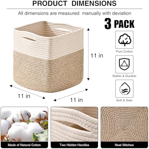 11 Inch Cube Storage Bins, 11x11 Organization Bins for Cube Organizer, Square Cloth Storage Cubes, Woven Storage Baskets for Shelves, Toy Baskets Storage Kids, Off White & Brown (Pack of 3) - Image 2