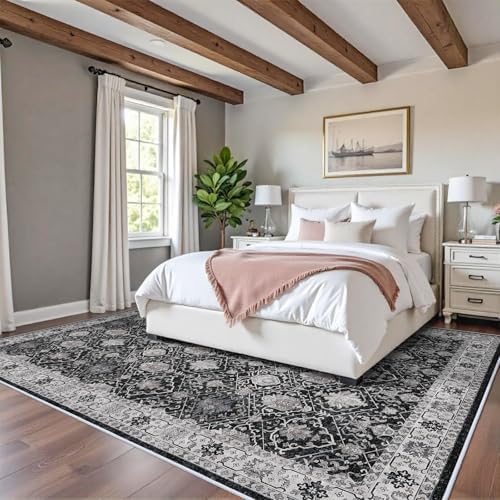 Washable 8x10 Living Room Rug: Vintage Low Pile Water Resistant Area Rug with Non-Slip Backing for Bedroom Dining Room Distressed Carpet for Nursery Indoor Soft Floor Mat for Home Office (8x10 Black) - Image 2