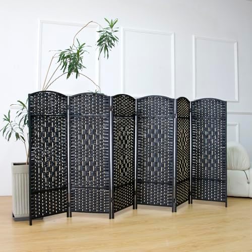 6-Panel Short Room Divider, 3.9 ft Freestanding Partition Wall, Natural Black Rattan Double-Sided Folding Screen for Living Room, Bedroom & Corner Privacy - Image 4