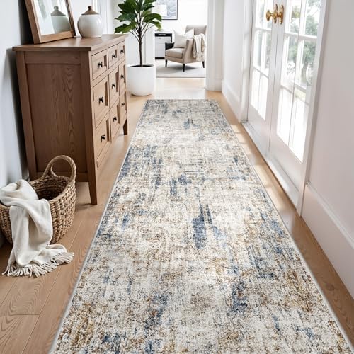 Long Runners for Hallways Non Slip - 3x10 Washable Kitchen Runner Rug Modern Abstract Wide Floor Carpet Runner for Indoor Entryway, Bedroom, Living Room （Blue Brown） - Image 4